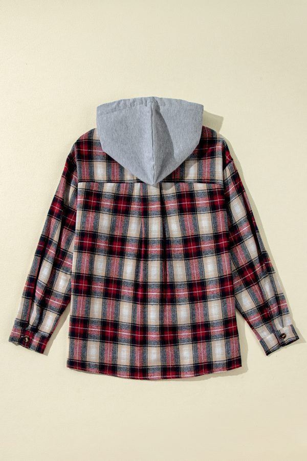 Red Plaid Print Chest Pocket Buttoned Hooded Shacket - Image 5