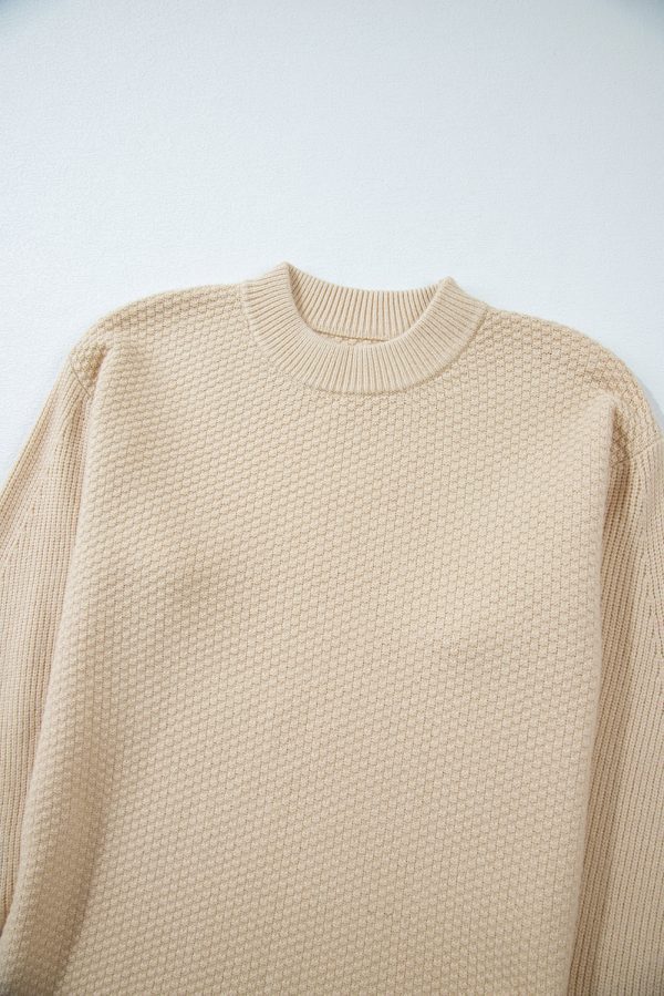 Parchment Solid Textured Knit Split Cuff Drop Shoulder Loose Sweater - Image 6