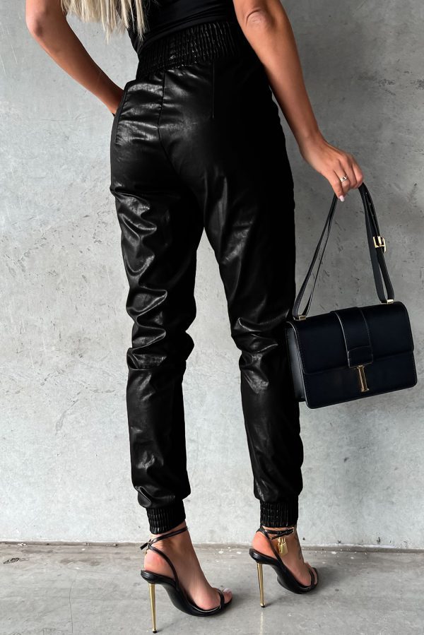 Black Smocked High-Waist Leather Skinny Pants - Image 2