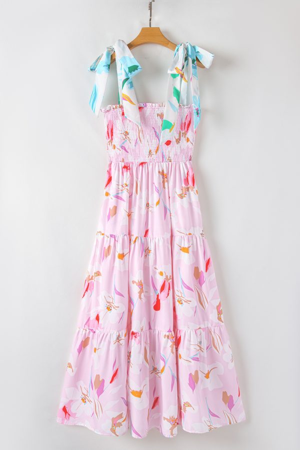 Pink Floral Print Knotted Shoulder Smocked Maxi Dress - Image 8