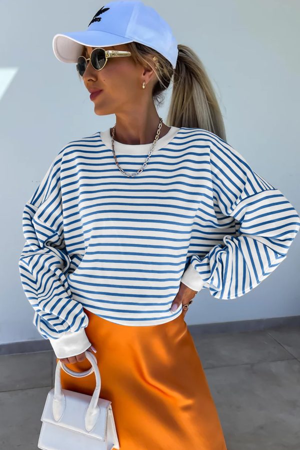 Orange Stripe Drop Shoulder Crew Neck Loose Sweatshirt - Image 13