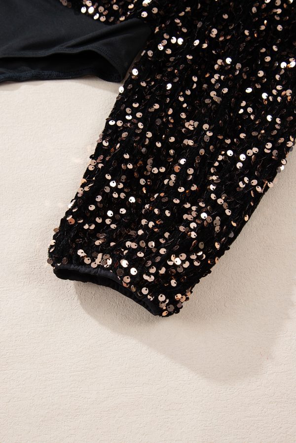 Black Deep V Back Sequin Puff Sleeve Bodysuit - Image 9