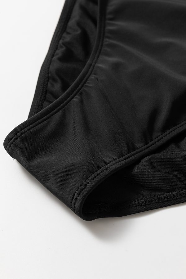 Black Elastic Neckline Short Sleeve One Piece Swimsuit - Image 8