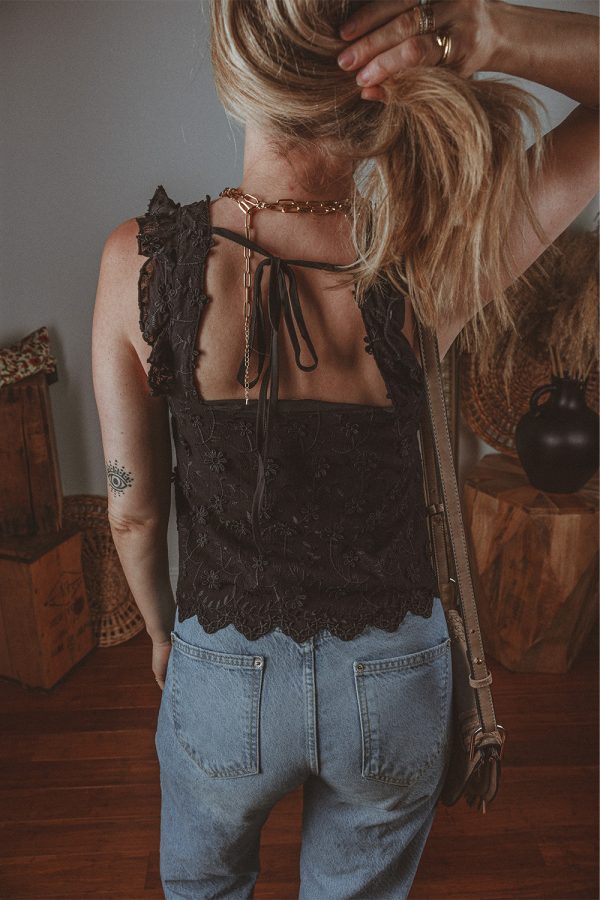 Black Floral Embroidered Buttoned Square Neck Tank Top - Image 2