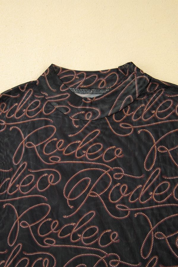Black Western Rodeo Printed Mock Neck Long Sleeve Mesh Top - Image 6