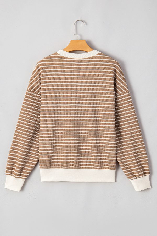 Khaki Stripe Patched Edge Textured Round Neck Long Sleeve Top - Image 7