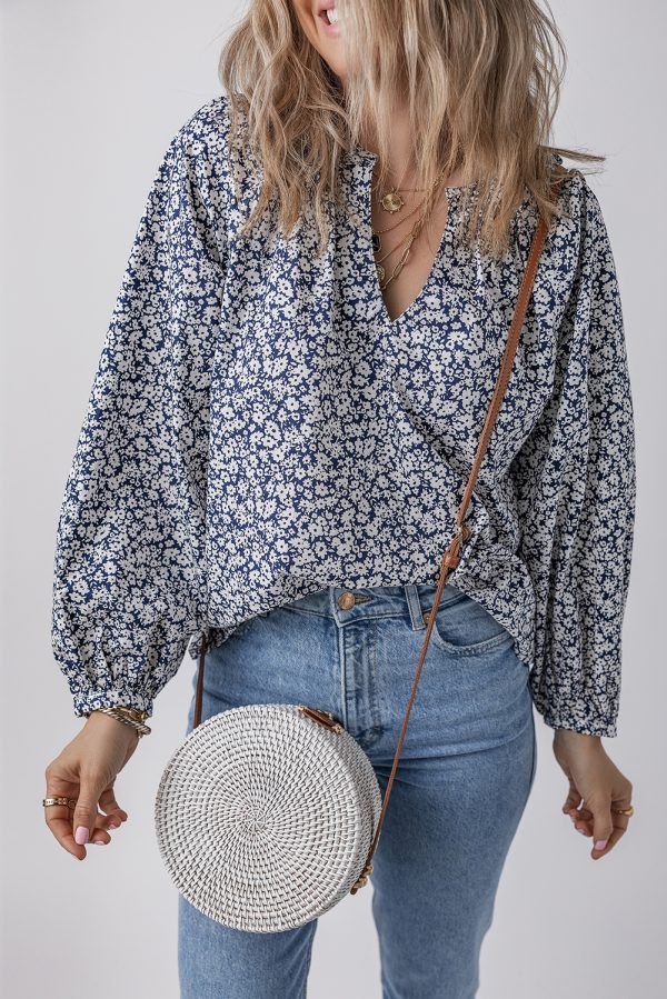 Blue Floral Print Notched V Neck Puff Sleeve Blouse - Image 3