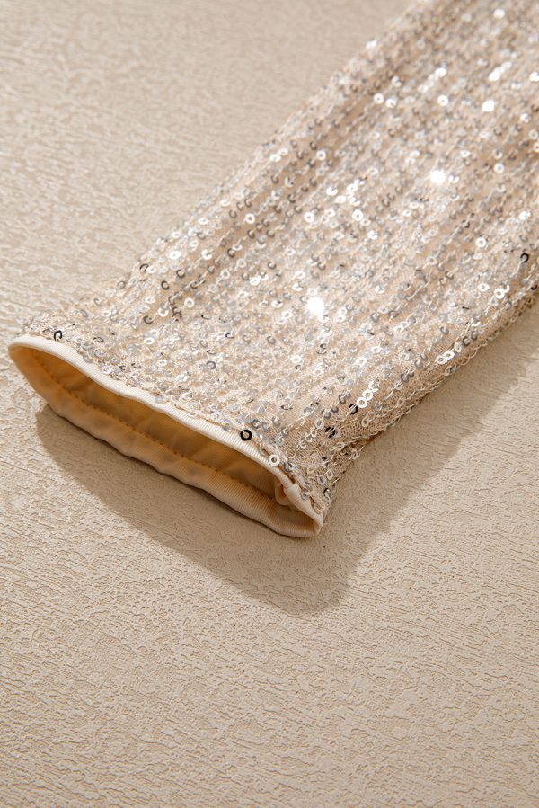 Beige Sequin Long Sleeve Wrap V Neck Bodysuit - Image 10