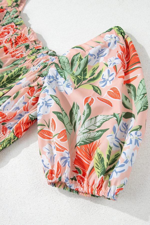 Apricot Pink Floral Smocked Bust Bubble Short Sleeve Maxi Dress - Image 11