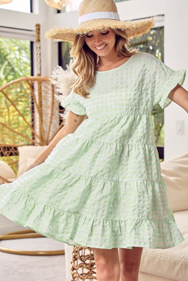 Green Stripe Textured Tiered Short Sleeve Loose Mini Dress - Image 3