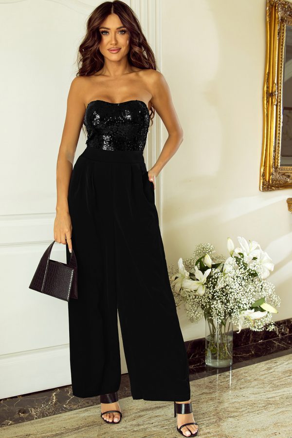 Black Sequin Tube Top Wide Leg Jumpsuit - Image 3