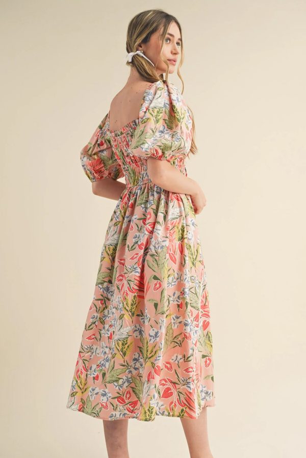 Apricot Pink Floral Smocked Bust Bubble Short Sleeve Maxi Dress - Image 2