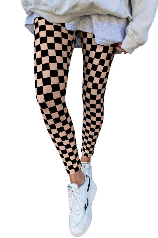 Khaki Checkered Pattern High Waist Skinny Leggings - Image 3