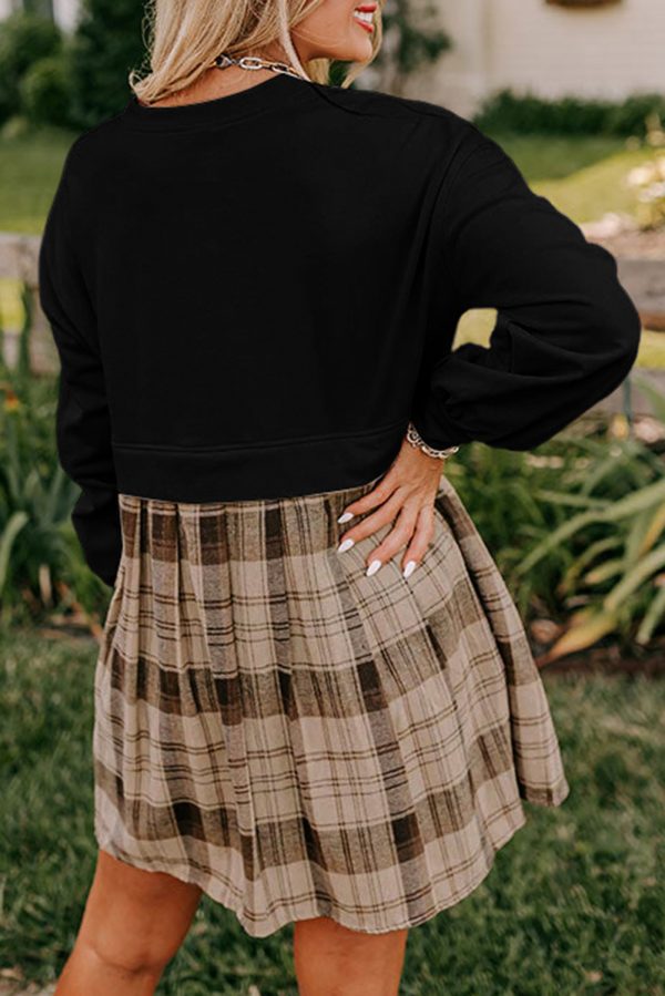 Black Plaid Patchwork High Waist Sweatshirt Mini Dress - Image 2