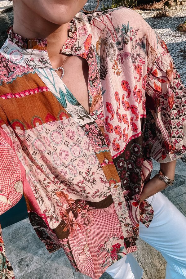 Red Boho Geometric Mixed Print Patchwork Bubble Sleeve Shirt - Image 2