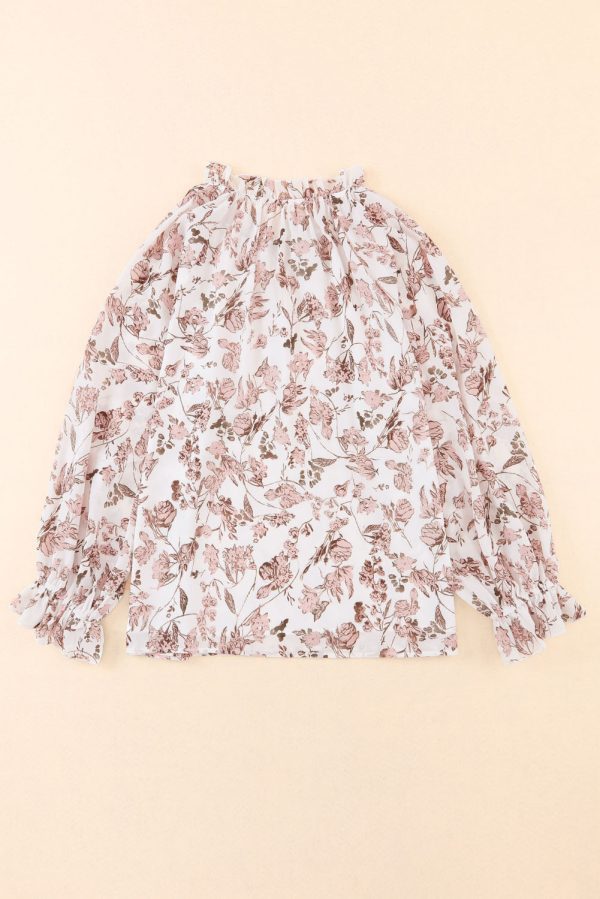 Boho Floral Print Split V Neck Bubble Sleeve Blouse - Image 5