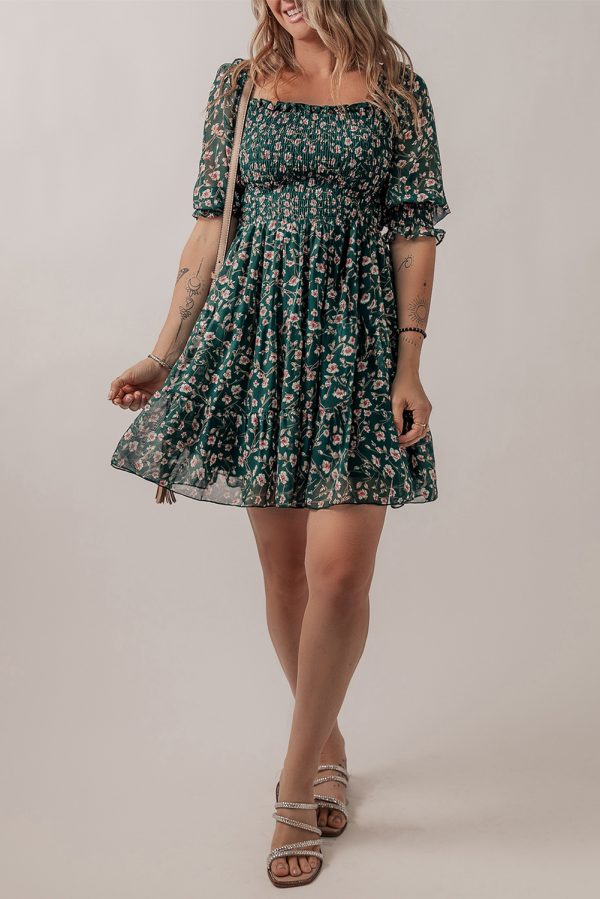 Green Smocked Square Neck Puff Short Sleeve Floral Dress - Image 4