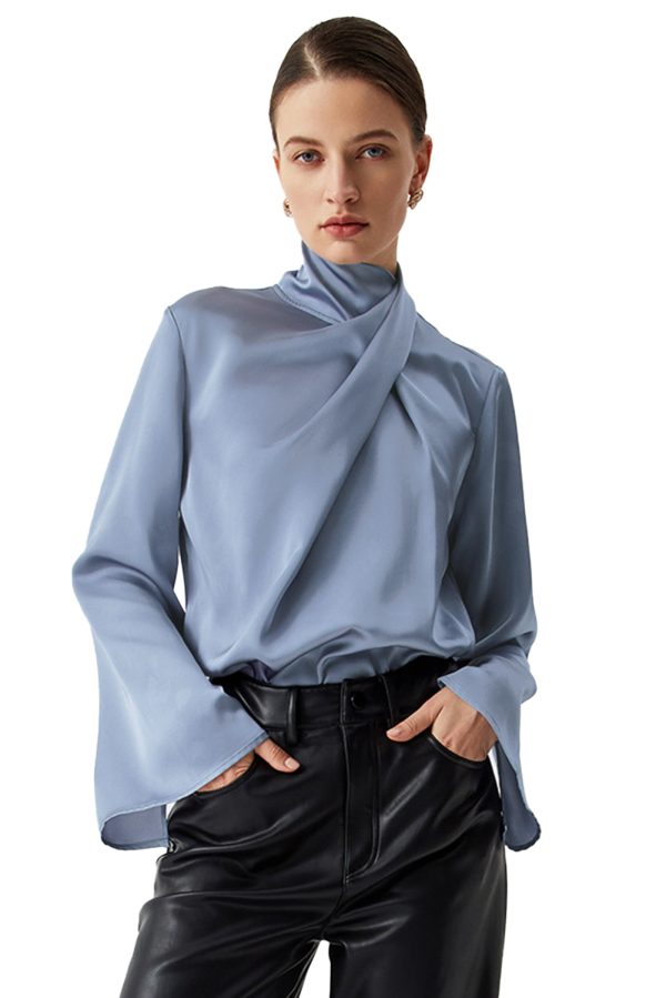Ivy Asymmetric Pleated Turtleneck Bell Sleeve Blouse - Image 14