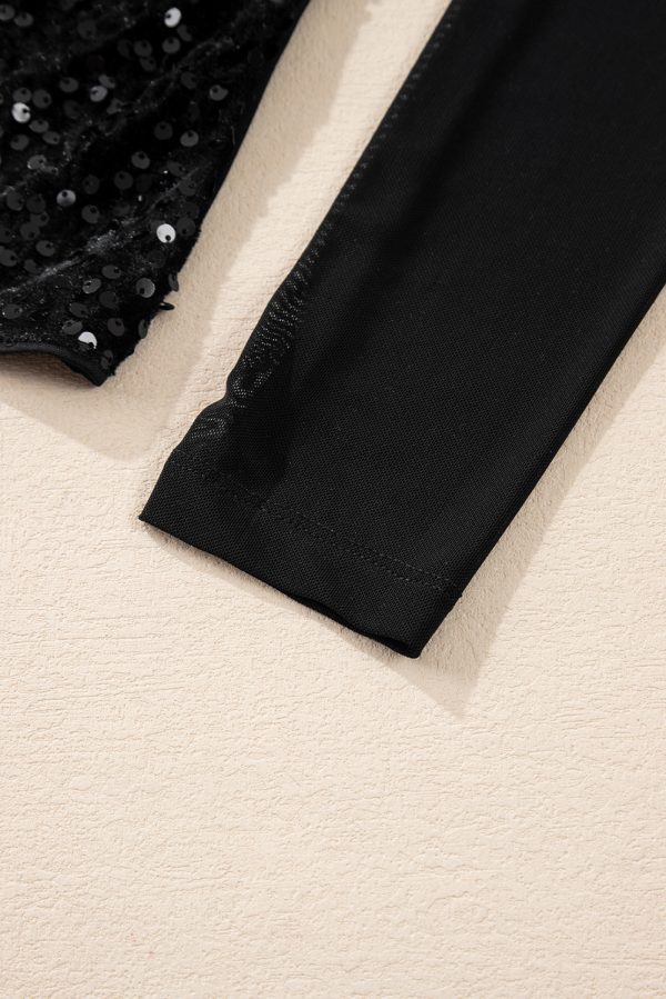 Black Sequin Velvet Sheer Mesh Mock Neck Blouse - Image 9