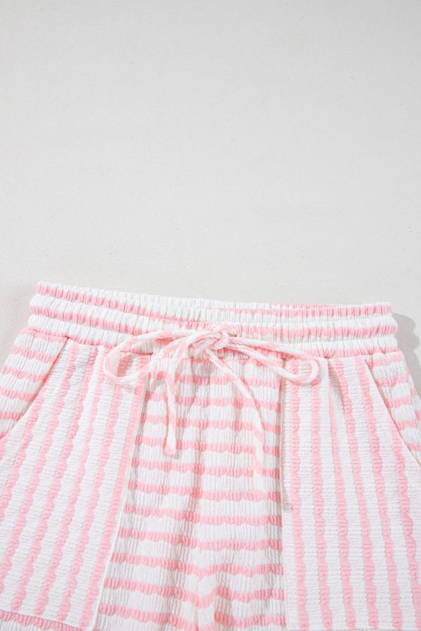Pink Stripe Knitted Short Sleeve Top and Drawstring Shorts Set - Image 10