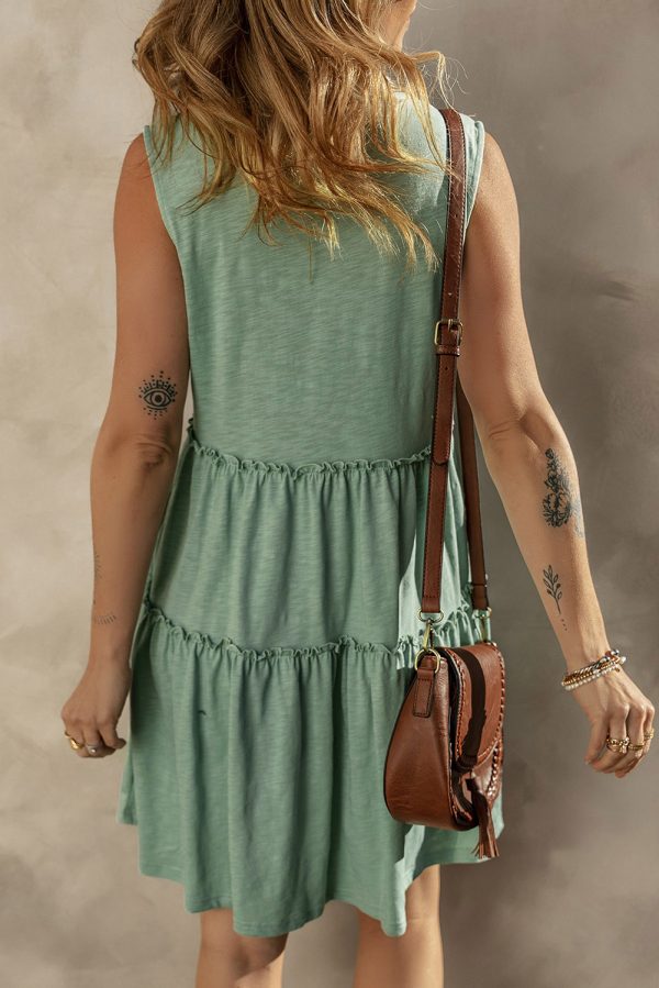 Black Split V Neck Tiered Flowy Sleeveless Dress - Image 14