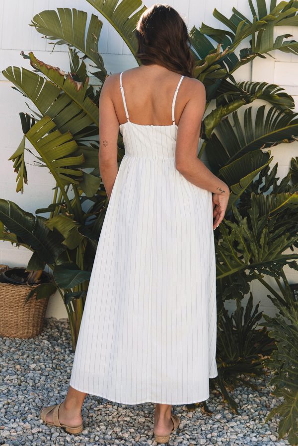Beige Stripe Spaghetti Strap Pocketed High Waist Maxi Dress - Image 2