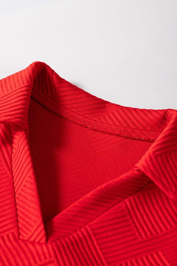 Fiery Red Textured Collared V Neck Puff Short Sleeve Shift Mini Dress - Image 9