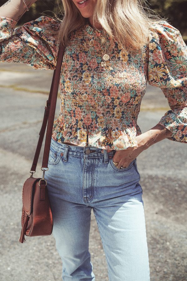 Yellow Floral Print Smocked Bubble Sleeve Ruffled Crop Top - Image 3
