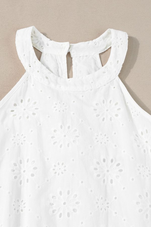 White Boho Eyelet Pattern Halter Neck Sleeveless Dress - Image 7