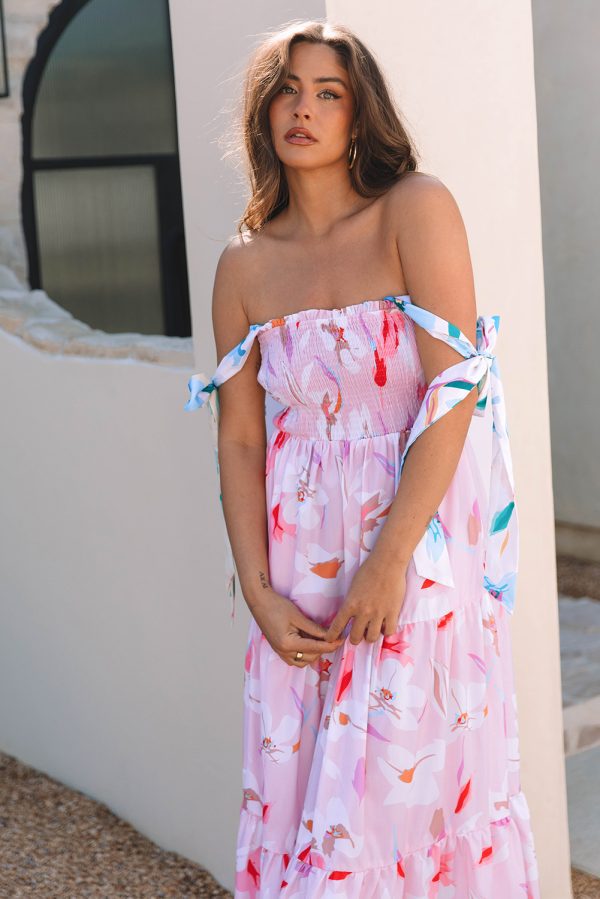 Pink Floral Print Knotted Shoulder Smocked Maxi Dress - Image 4