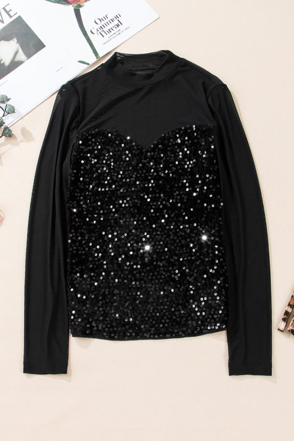 Black Sequin Velvet Sheer Mesh Mock Neck Blouse - Image 5