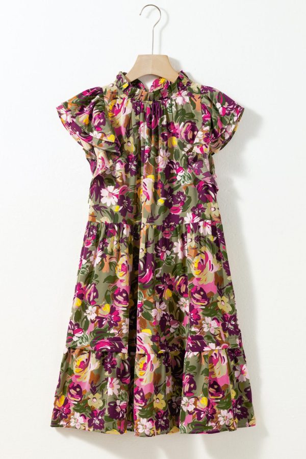 Green Floral Print Ruched Flutter Sleeve Frilled Neck Mini Dress - Image 6