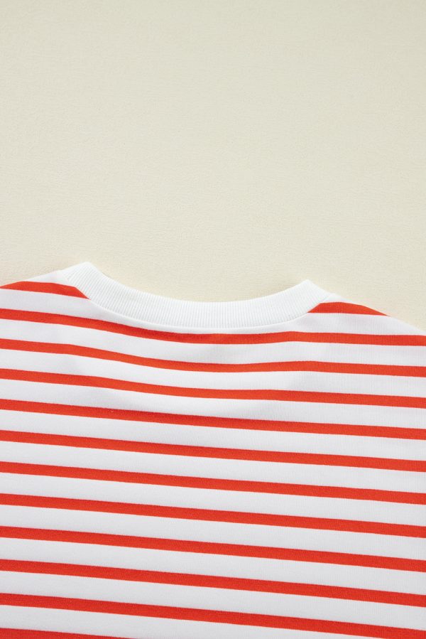 Orange Stripe Drop Shoulder Crew Neck Loose Sweatshirt - Image 7