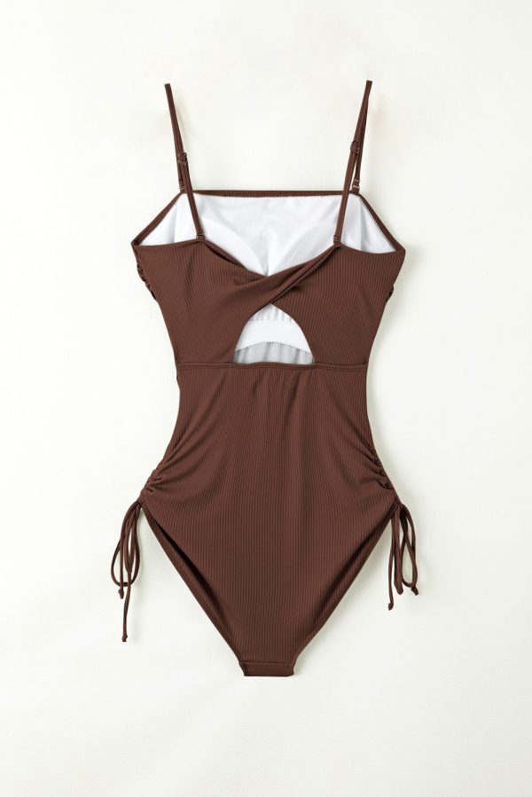 Navy Blue Ribbed Drawstring Sides Cutout One Piece Swimsuit - Image 11