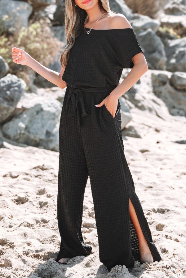 Black Checkered Mesh One Shoulder Short Sleeve Knotted Waist Jumpsuit - Image 5