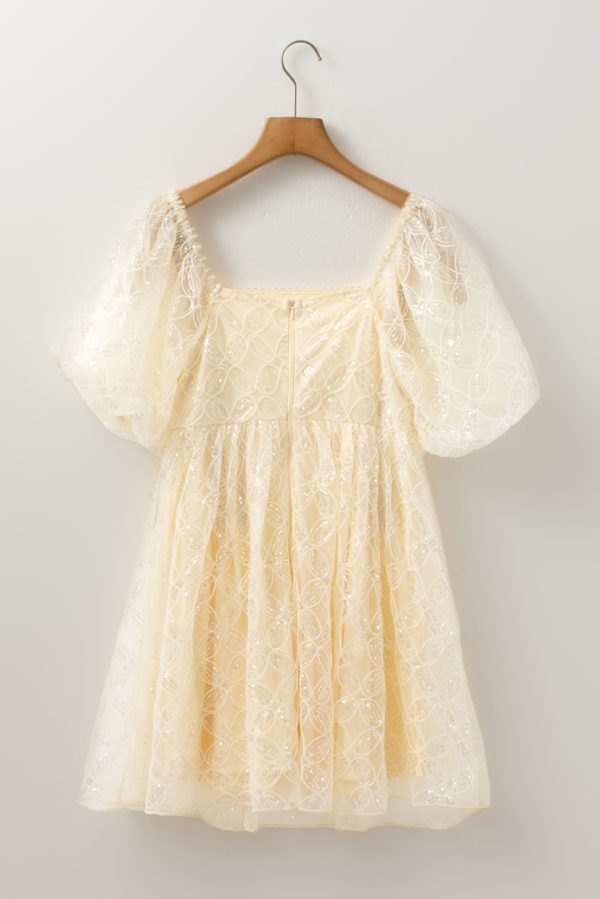 Apricot Sequined Lace Mesh Bubble Sleeve Square Neck Dress - Image 6
