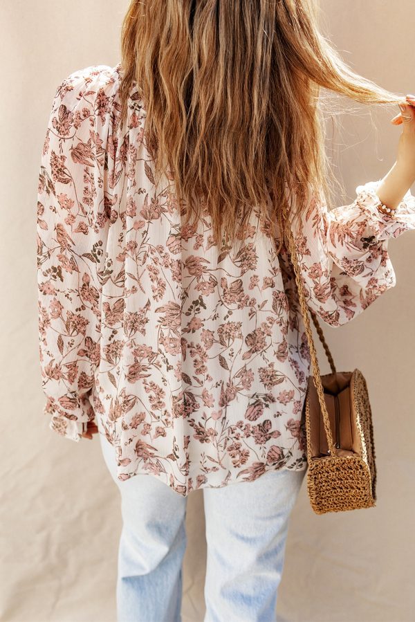 Boho Floral Print Split V Neck Bubble Sleeve Blouse - Image 2