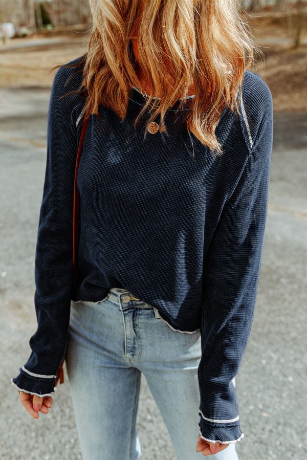 Black Textured Round Neck Long Sleeve Top - Image 23