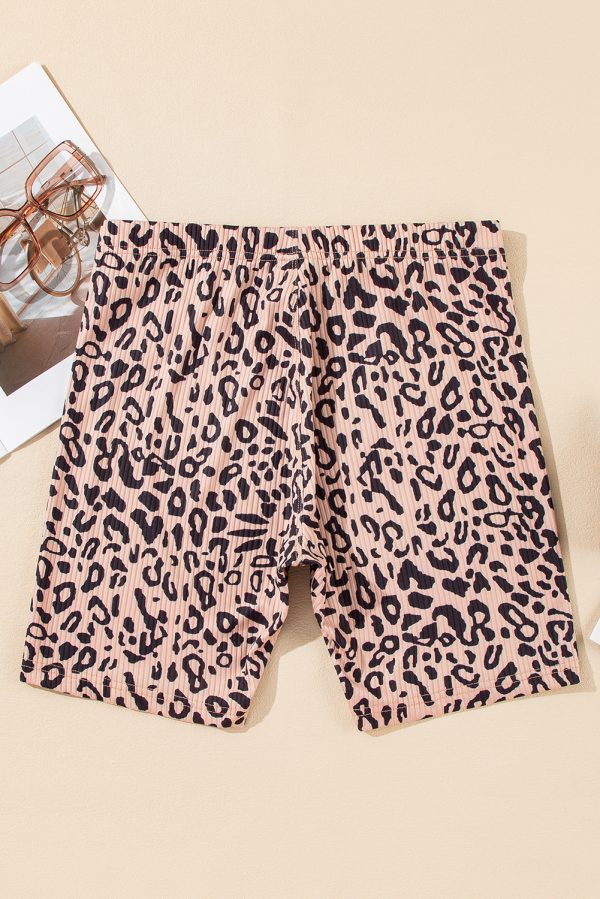 Khaki Leopard Print Ribbed Textured Knit Biker Shorts - Image 4