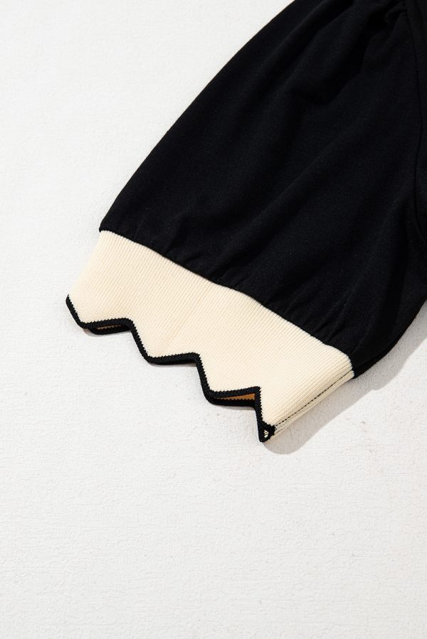 Black Color Contrast Collared V Neck Puff Sleeve Blouse - Image 7