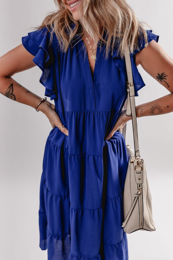 Bluing Ruffled Short Sleeve Collared V Neck Tiered Midi Dress - Image 4