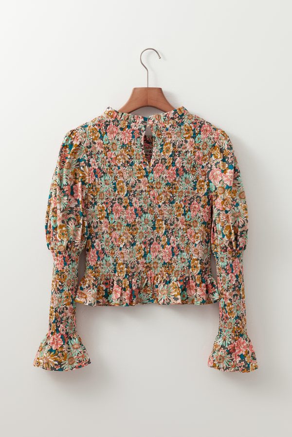 Yellow Floral Print Smocked Bubble Sleeve Ruffled Crop Top - Image 4
