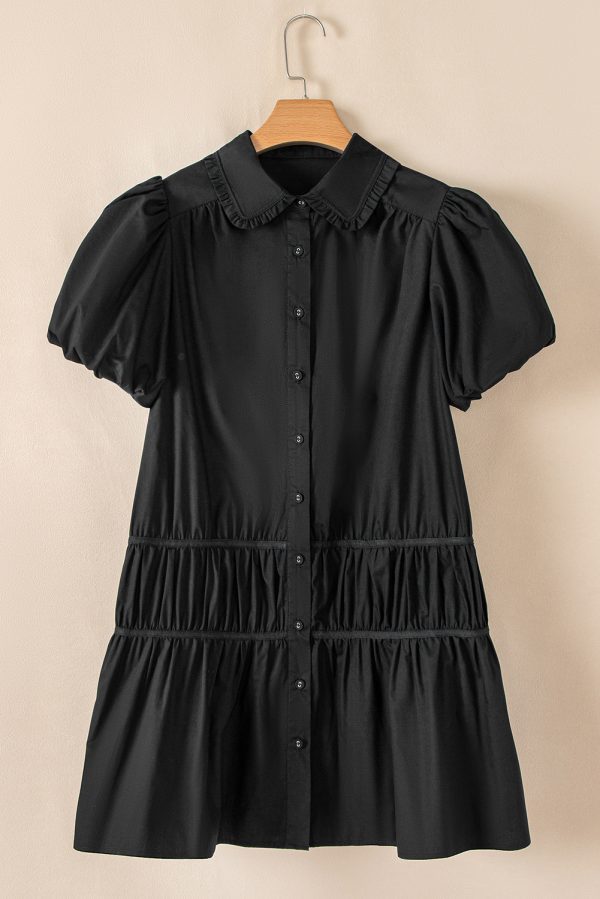Black Shirt Style Button Down Puff Sleeve Ruffle Hem Dress - Image 4