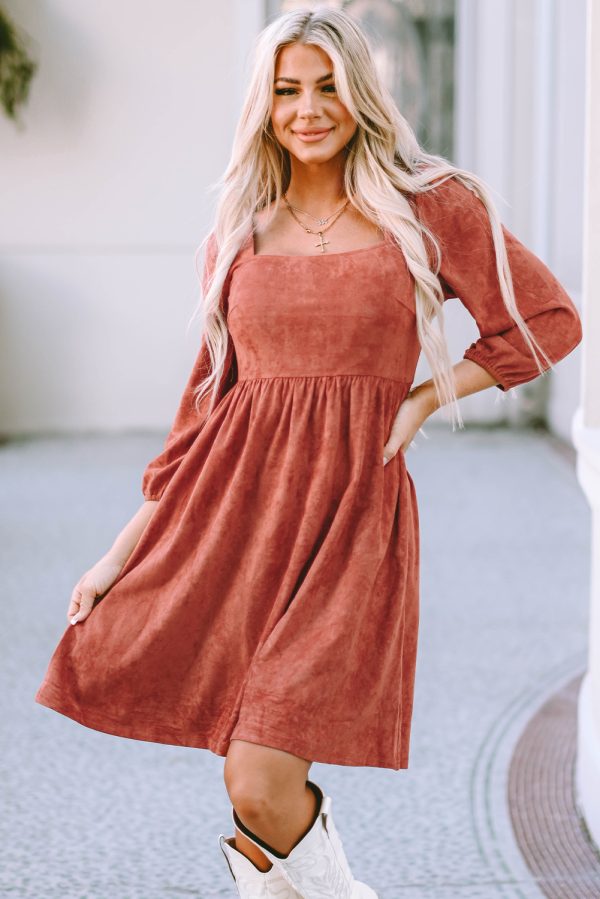 Black Suede Square Neck Puff Sleeve Dress - Image 10