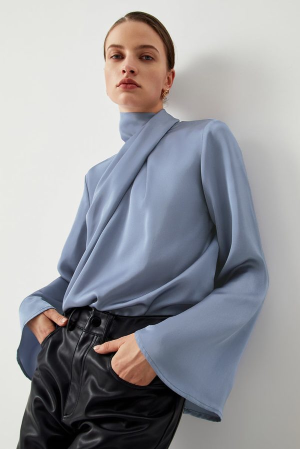 Ivy Asymmetric Pleated Turtleneck Bell Sleeve Blouse - Image 5