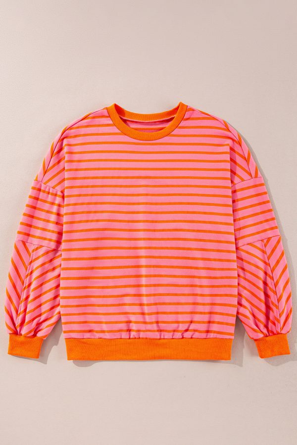 Orange Stripe Drop Shoulder Crew Neck Loose Sweatshirt - Image 21