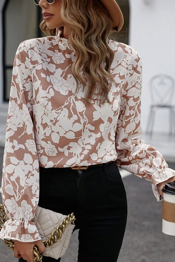 Light French Beige Floral Print Frilled Neckline Flounce Sleeve Blouse - Image 3
