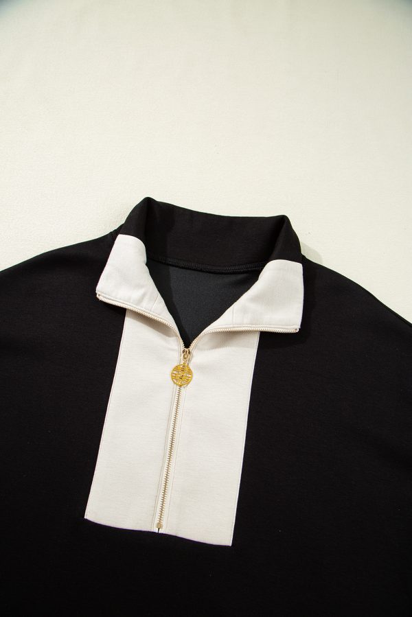 Black Contrast Zipped Stand Collared T Shirt and Short Set - Image 4