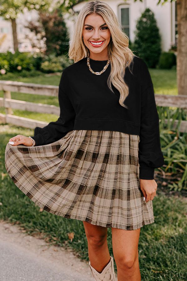 Black Plaid Patchwork High Waist Sweatshirt Mini Dress - Image 4