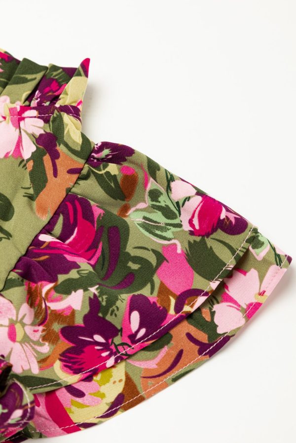Green Floral Print Ruched Flutter Sleeve Frilled Neck Mini Dress - Image 10